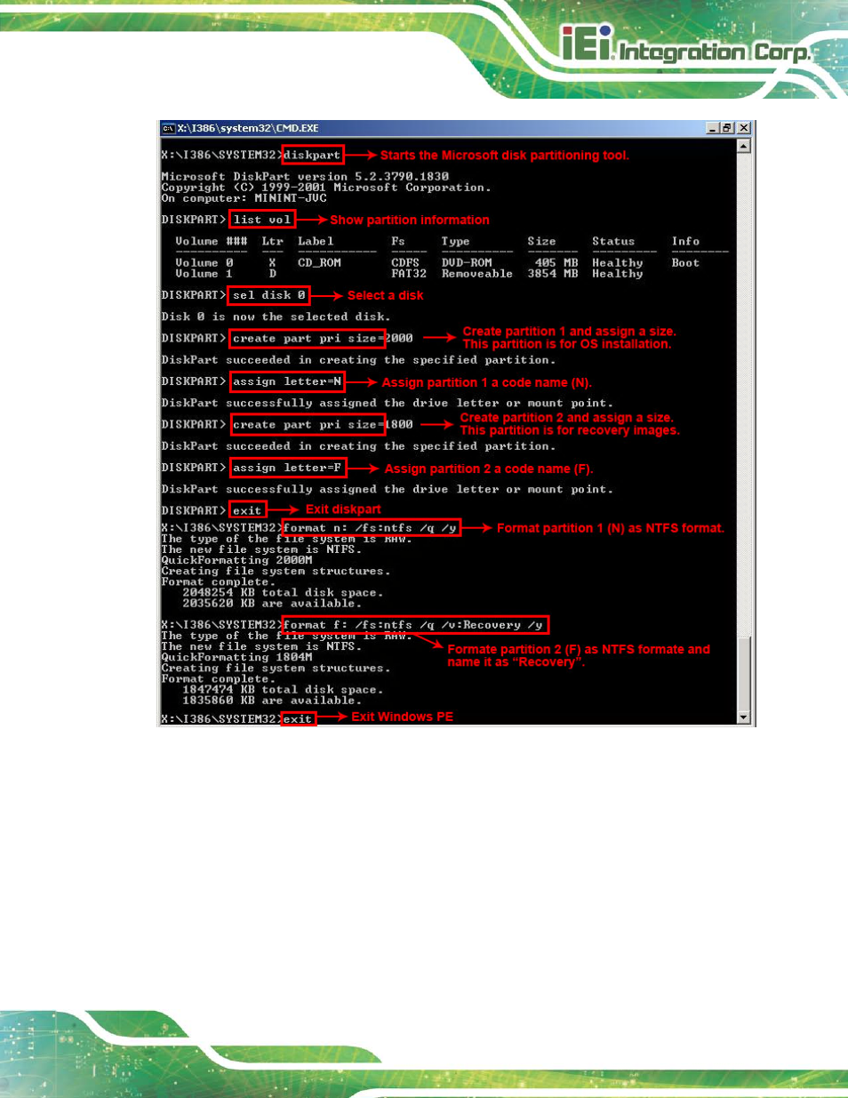 Figure a-5: partition creation commands | IEI Integration TANK-820-H61 v2.03 User Manual | Page 116 / 157