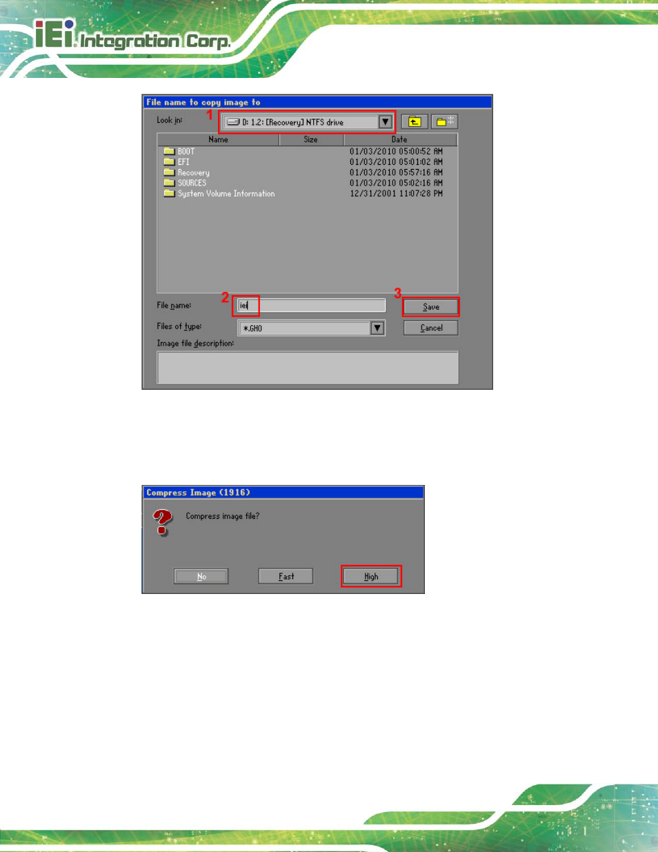 Figure a-16: file name to copy image to, Figure a-17: compress image | IEI Integration TANK-820-H61 v2.03 User Manual | Page 123 / 157