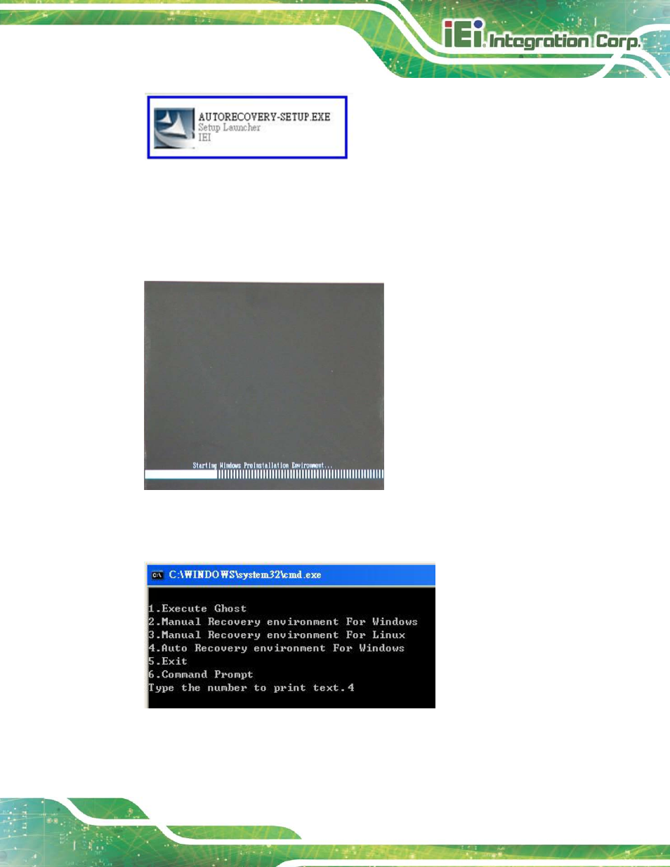Figure a-22: auto recovery utility, Figure a-23: launching the recovery tool, Figure a-24: auto recovery environment for windows | IEI Integration TANK-820-H61 v2.03 User Manual | Page 126 / 157