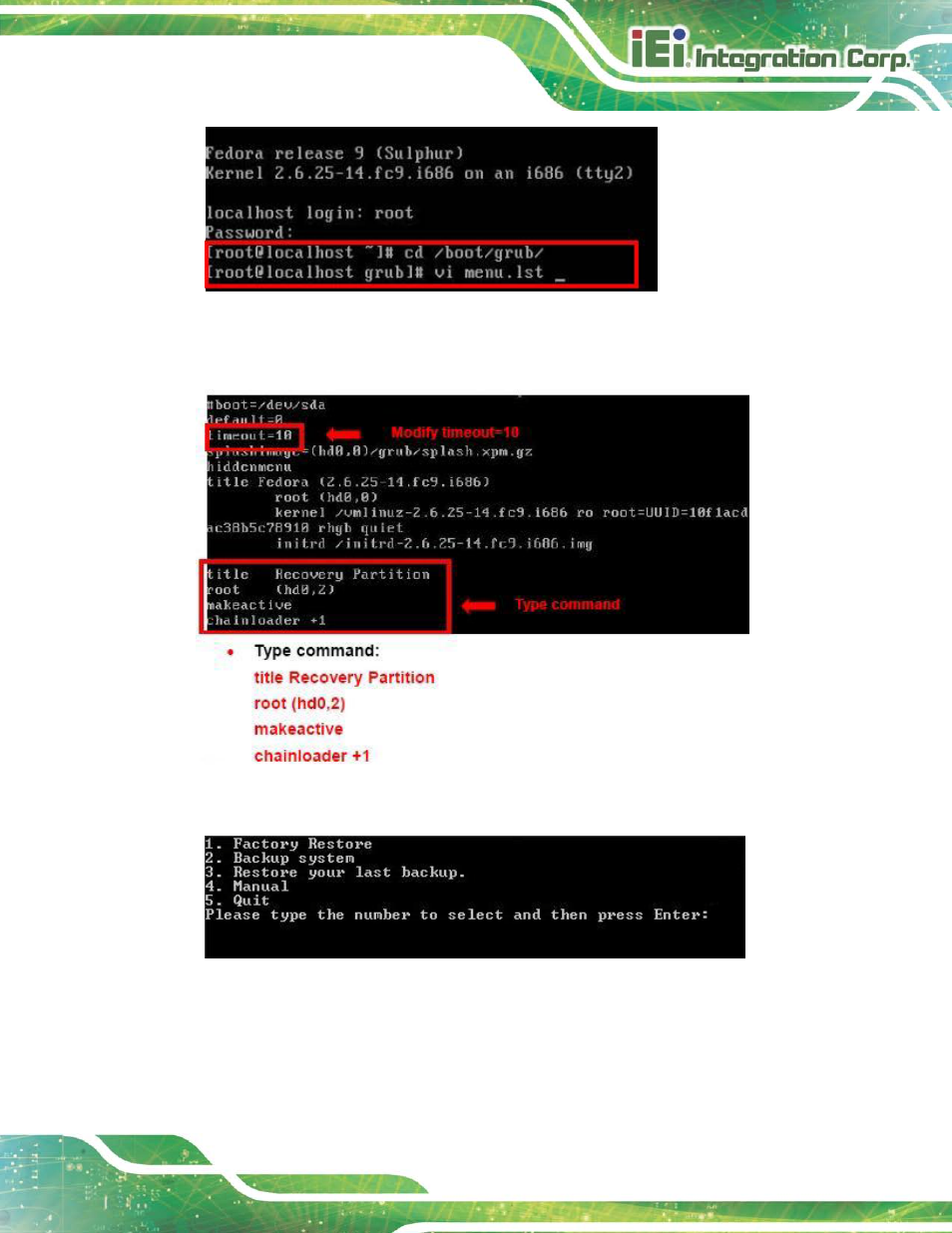 Figure a-31: access menu.lst in linux (text mode), Figure a-32: recovery tool menu | IEI Integration TANK-820-H61 v2.03 User Manual | Page 132 / 157