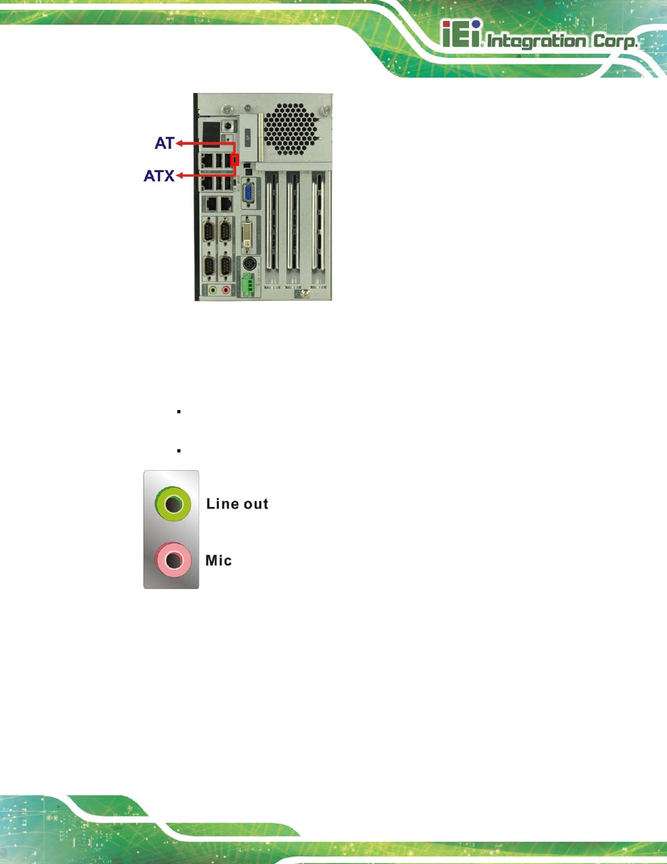 3 audio connector, 4 compactflash® type ii, Figure 3-12: at/atx power mode switch | Figure 3-13: audio connector | IEI Integration TANK-820-H61 v2.03 User Manual | Page 40 / 157