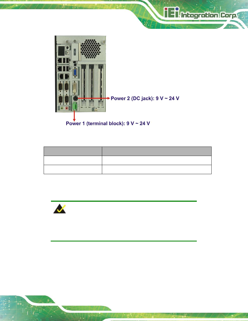 1 acc on, 1 boot-up, Figure 3-28: power connectors | Table 3-2: power led indicators description | IEI Integration TANK-820-H61 v2.03 User Manual | Page 50 / 157