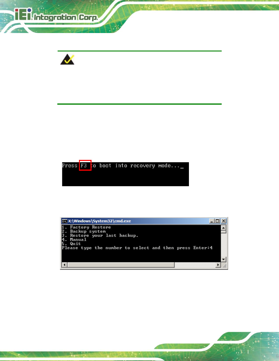 C.2.5 create factory default image, Figure c-10: press f3 to boot into recovery mode, Figure c-11: recovery tool menu | C.2.5 ) | IEI Integration TANK-6000-C226 User Manual | Page 106 / 138