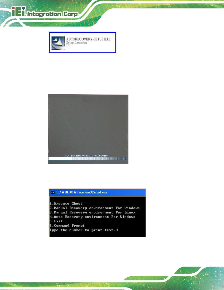 Figure c-22: auto recovery utility, Figure c-23: launching the recovery tool, Figure c-24: auto recovery environment for windows | IEI Integration TANK-6000-C226 User Manual | Page 112 / 138