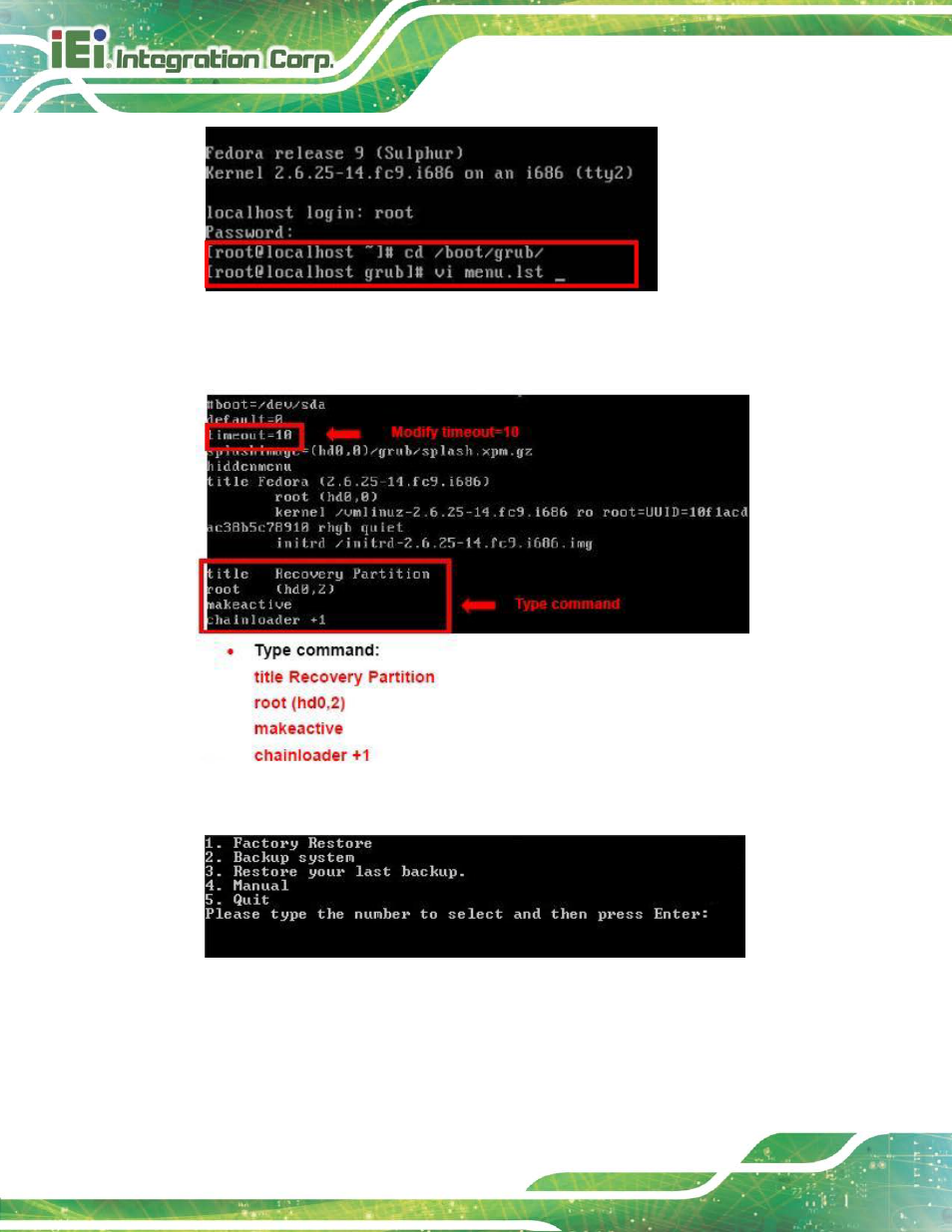 Figure c-31: access menu.lst in linux (text mode), Figure c-32: recovery tool menu | IEI Integration TANK-6000-C226 User Manual | Page 118 / 138