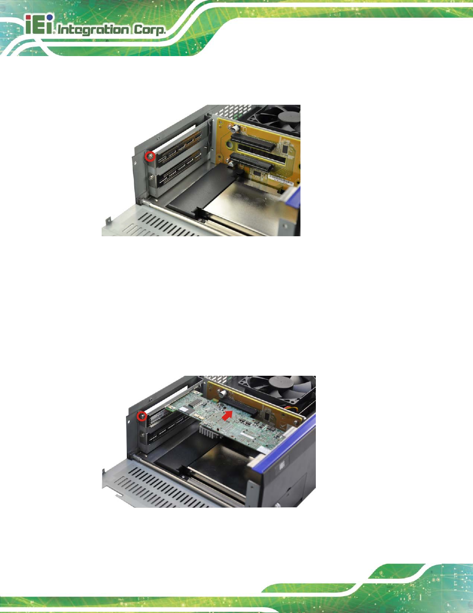 Figure 3-8: expansion slot retention screw, Figure 3-9: install pcie card | IEI Integration TANK-6000-C226 User Manual | Page 28 / 138