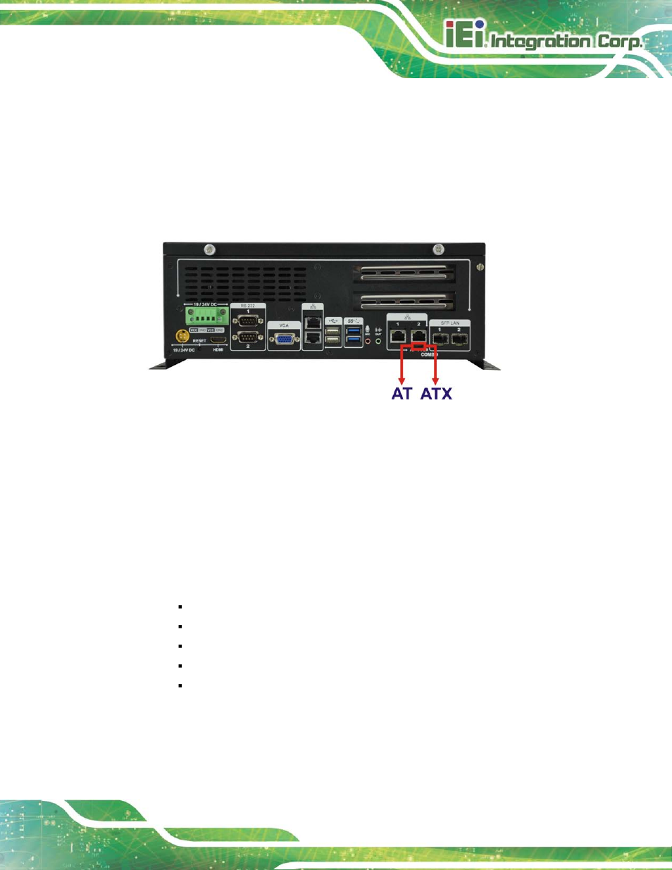 5 at/atx mode selection, 1 at power mode, 2 atx power mode | At/atx, Election, Figure 3-10: at/atx switch location | IEI Integration TANK-6000-C226 User Manual | Page 29 / 138