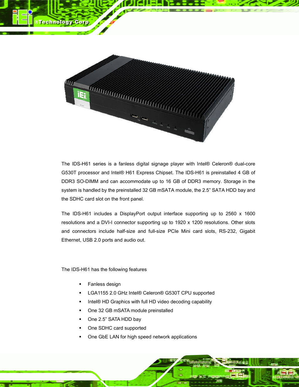 1 overview, 2 features, Verview | Eatures, Figure 1-1: ids-h61 series pluggable module pc | IEI Integration IDS-H61 User Manual | Page 12 / 72