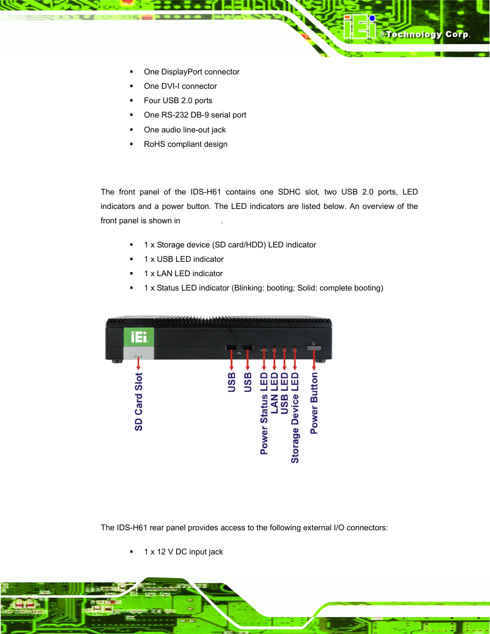 3 front panel, 4 rear panel, Ront | Anel, Figure 1-2: front panel | IEI Integration IDS-H61 User Manual | Page 13 / 72