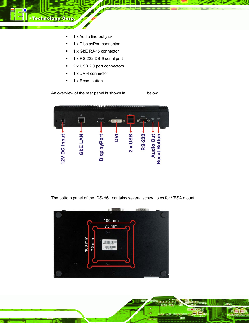 5 bottom panel, Ottom, Anel | Figure 1-3: rear panel, Figure 1-4: bottom panel | IEI Integration IDS-H61 User Manual | Page 14 / 72