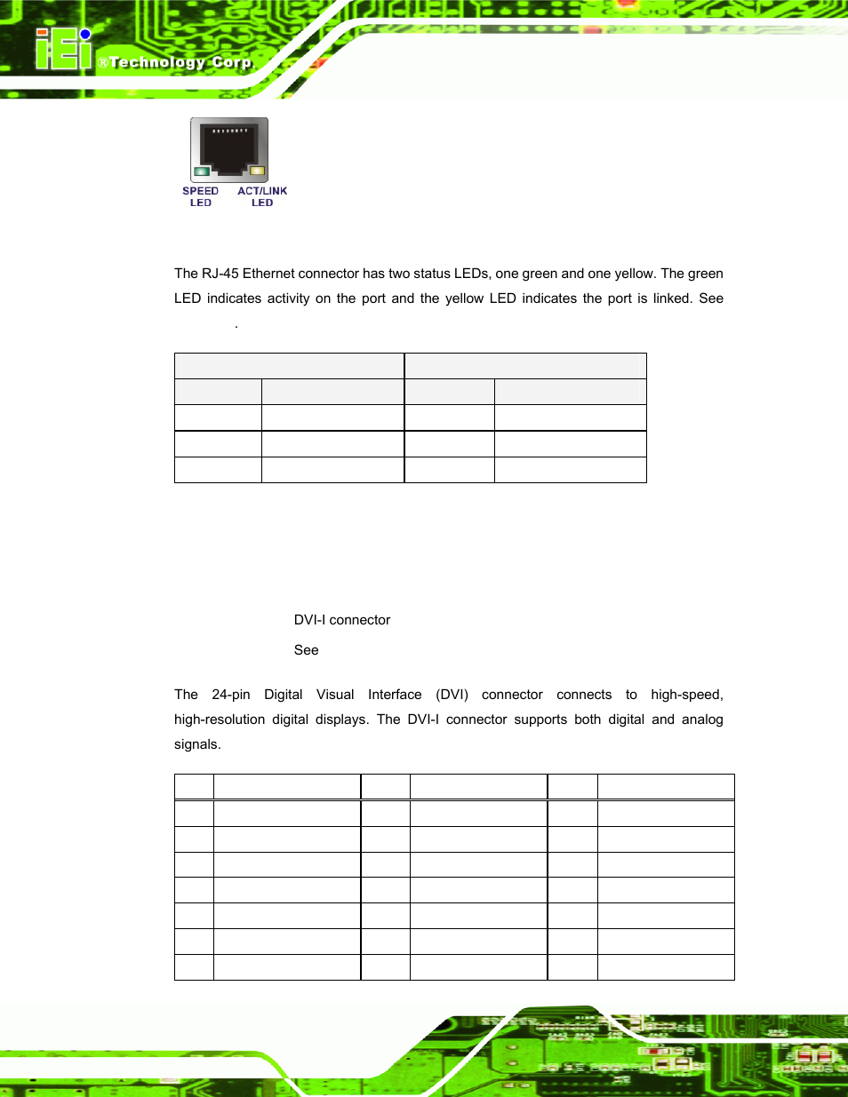 4 dvi-i connector, Figure 3-11: rj-45 ethernet connector, Table 3-2: rj-45 ethernet connector leds | IEI Integration IDS-H61 User Manual | Page 30 / 72