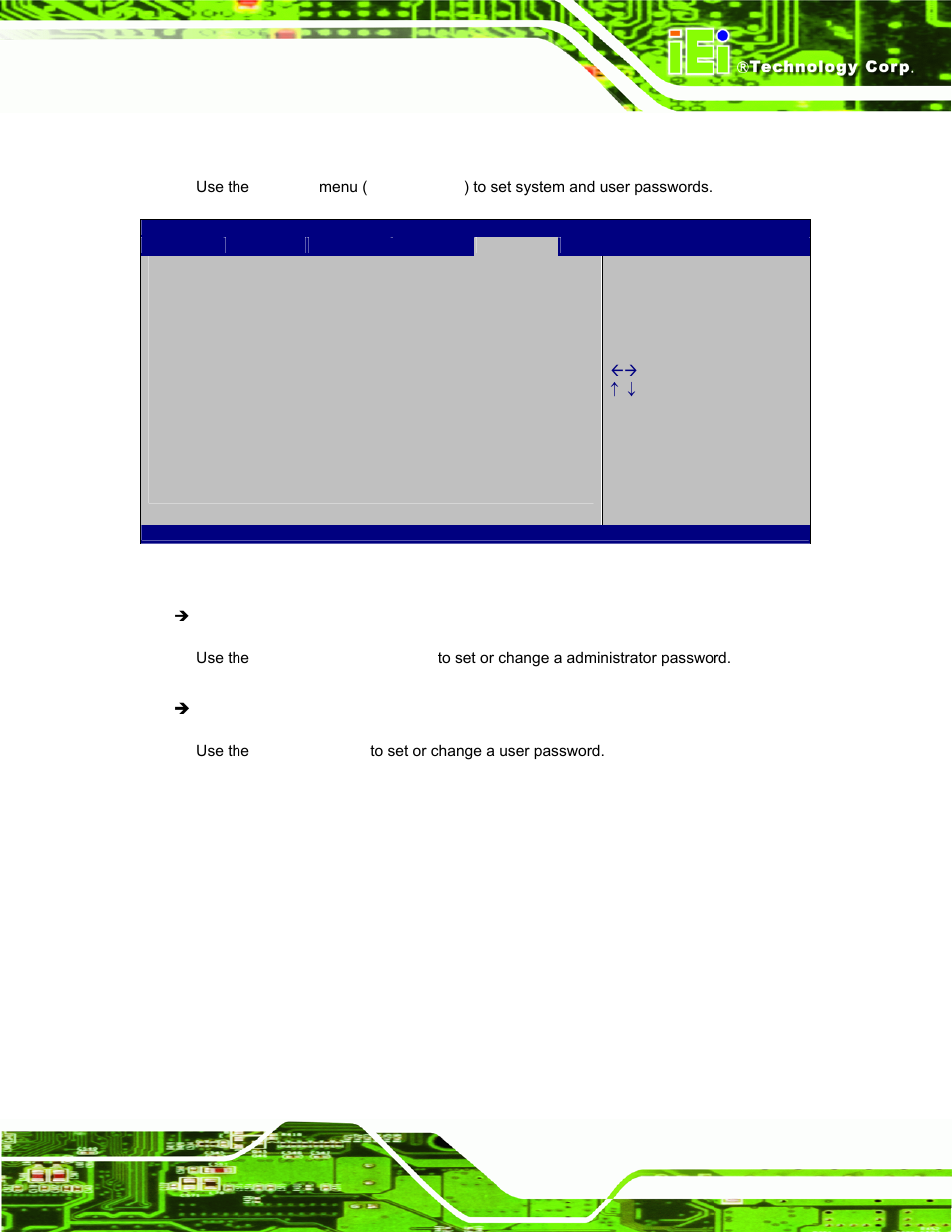 6 security, Ecurity, Bios menu 8: security | IEI Integration IDS-H61 User Manual | Page 47 / 72