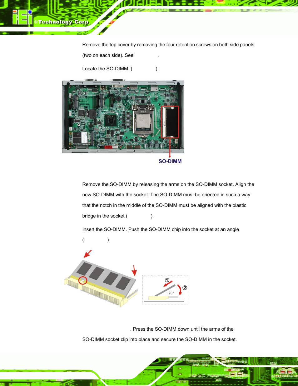 Figure 5-4: so-dimm removal, Figure 5-5: so-dimm installation | IEI Integration IDS-H61 User Manual | Page 54 / 72