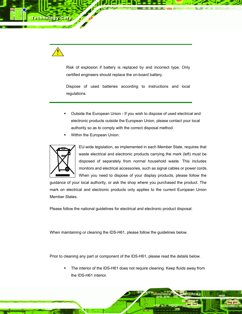 A.1.3 product disposal, A.2 maintenance and cleaning precautions, A.2.1 maintenance and cleaning | Aintenance and, Leaning, Recautions | IEI Integration IDS-H61 User Manual | Page 66 / 72