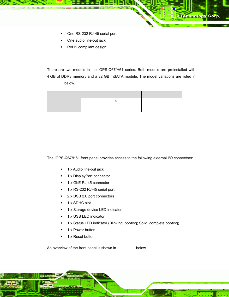 3 model variations, 4 external overview, 1 front panel | Odel, Ariations, Xternal, Verview, Table 1-1: model variations | IEI Integration IOPS-Q67_H61 User Manual | Page 13 / 70
