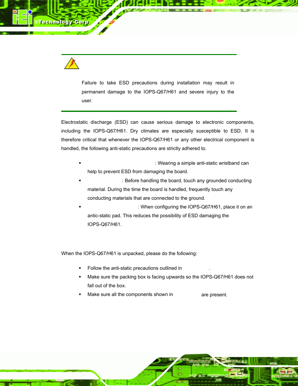 1 anti-static precautions, 2 unpacking precautions, Static | Recautions, Npacking | IEI Integration IOPS-Q67_H61 User Manual | Page 20 / 70