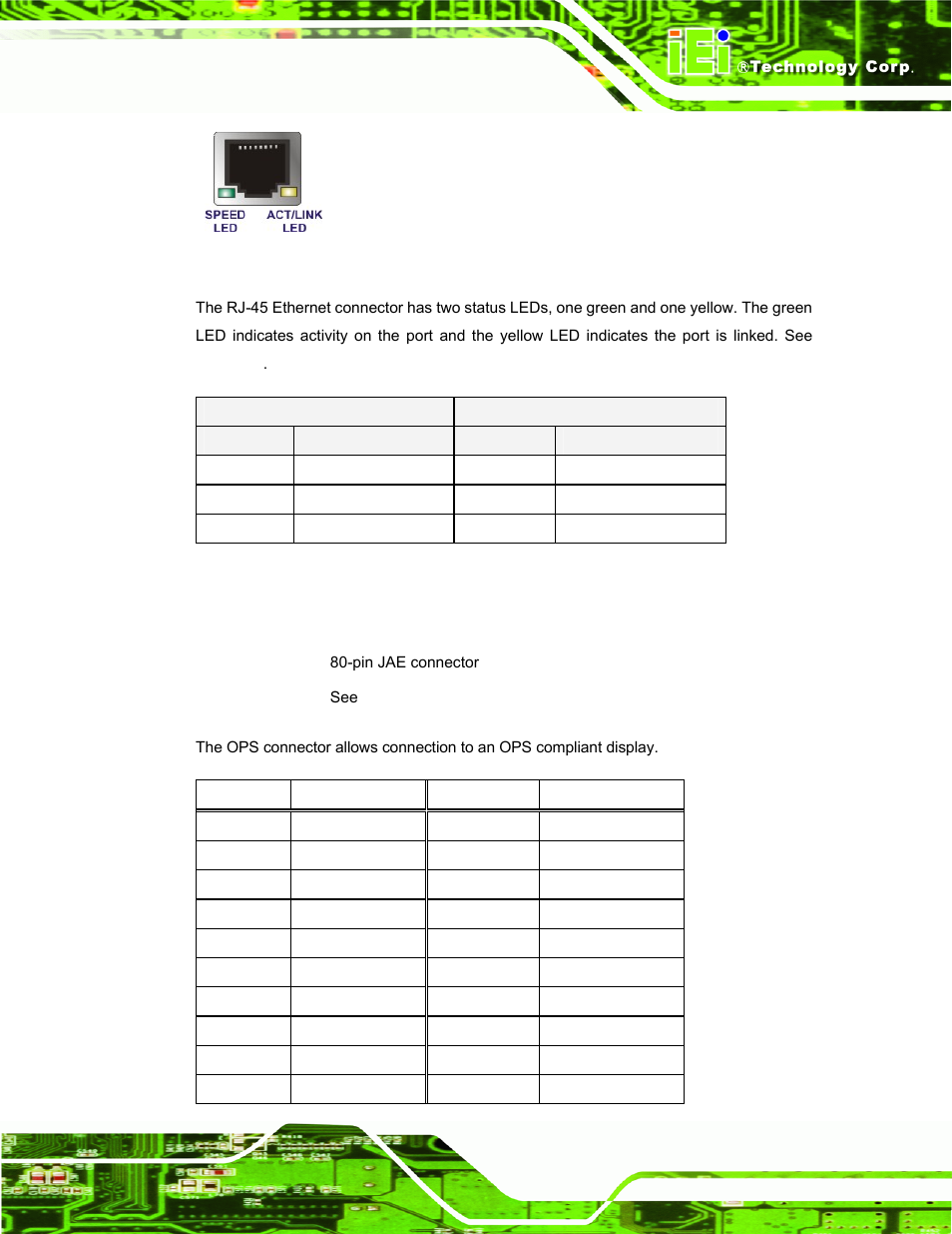 4 ops connector, Figure 3-4: rj-45 ethernet connector, Table 3-2: rj-45 ethernet connector leds | IEI Integration IOPS-Q67_H61 User Manual | Page 27 / 70