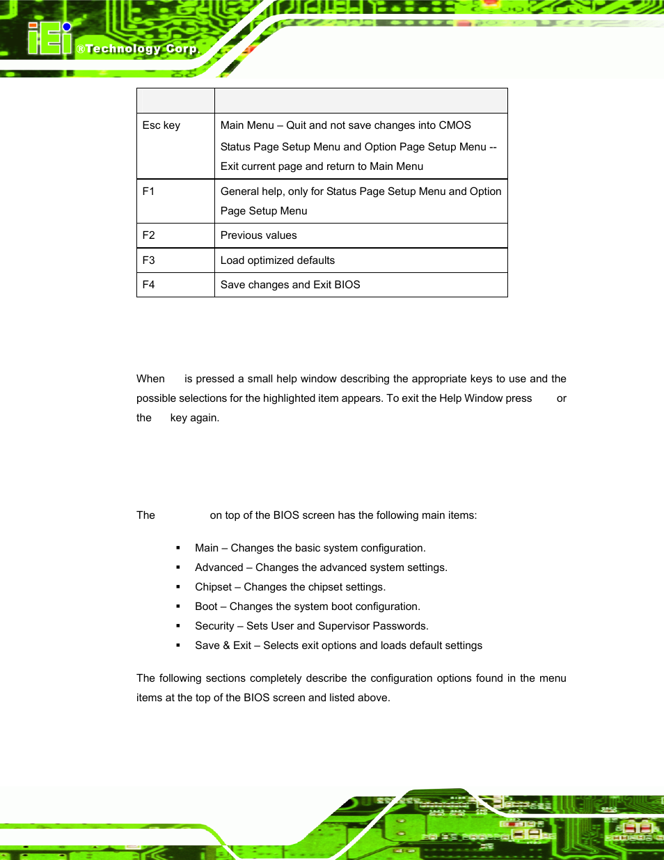 3 getting help, 4 bios menu bar, Table 4-1: bios navigation keys | IEI Integration IOPS-Q67_H61 User Manual | Page 34 / 70