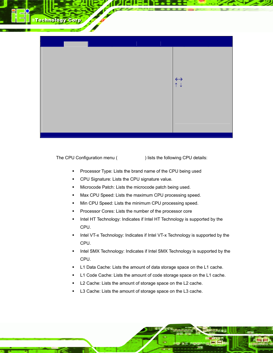 Bios menu 4: cpu configuration | IEI Integration IOPS-Q67_H61 User Manual | Page 38 / 70