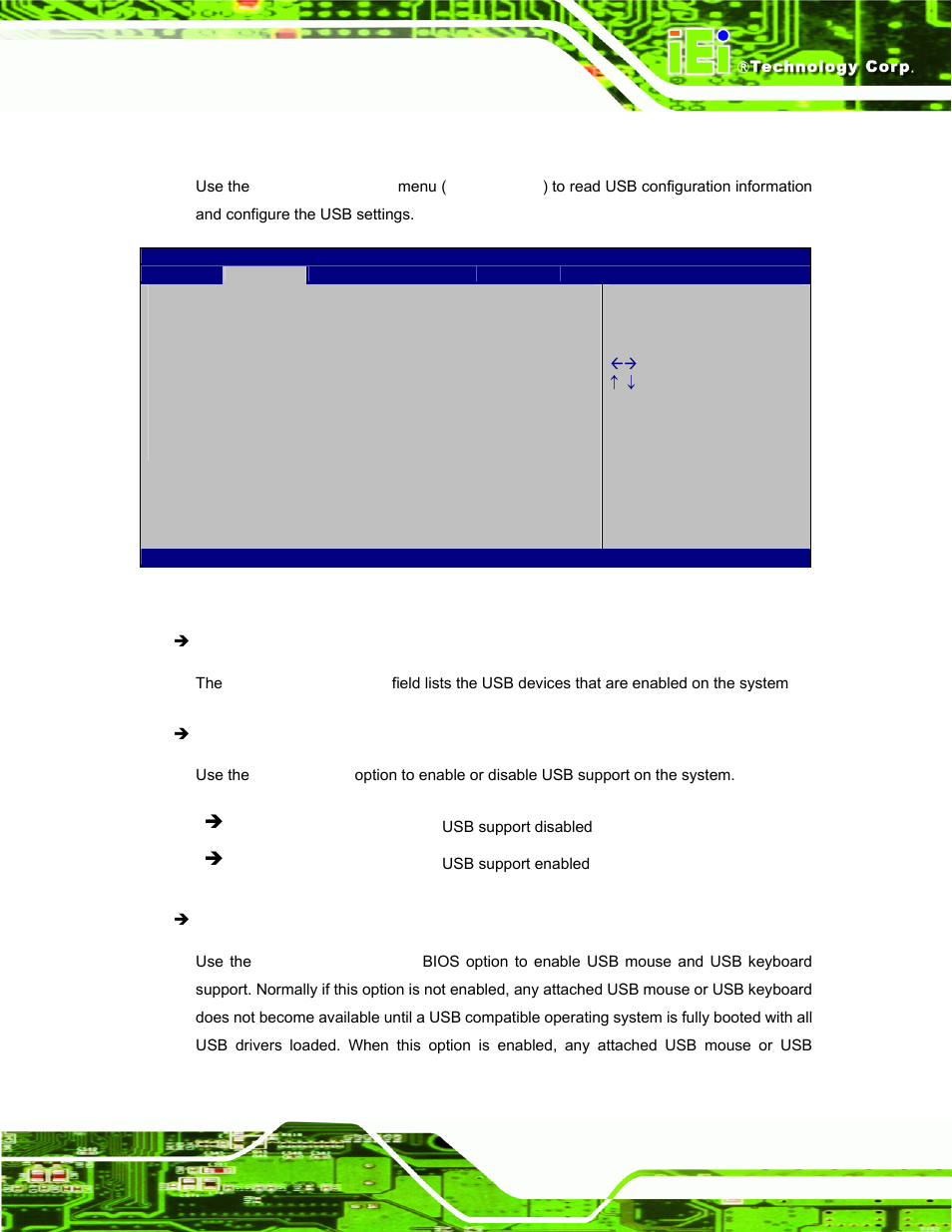 2 usb configuration, Bios menu 5: usb configuration | IEI Integration IOPS-Q67_H61 User Manual | Page 39 / 70