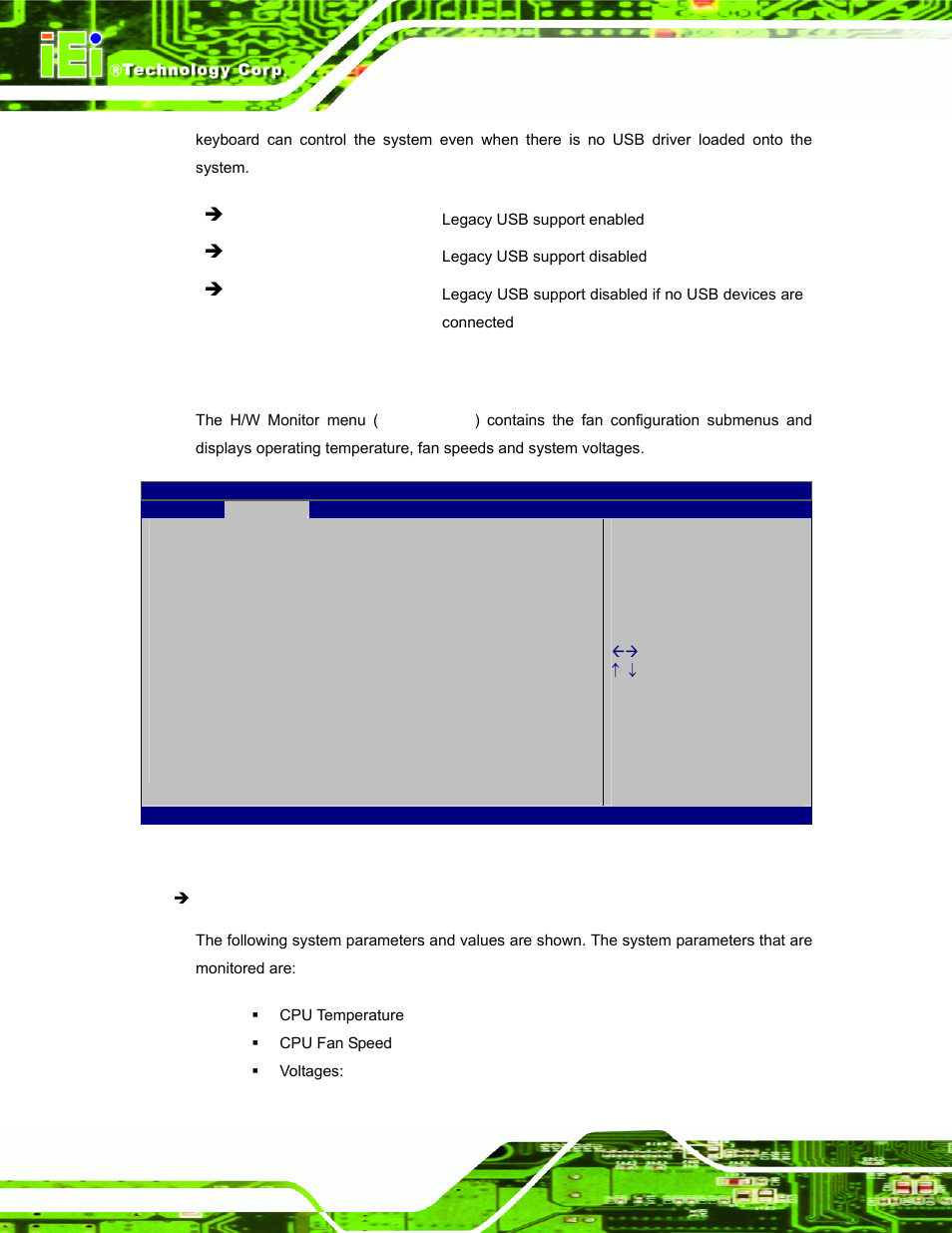 3 h/w monitor, Bios menu 6: h/w monitor | IEI Integration IOPS-Q67_H61 User Manual | Page 40 / 70
