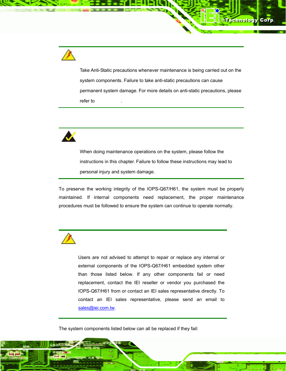 1 system maintenance overview, 2 component replacement procedure, Ystem | Aintenance, Verview, Omponent, Eplacement, Rocedure | IEI Integration IOPS-Q67_H61 User Manual | Page 49 / 70