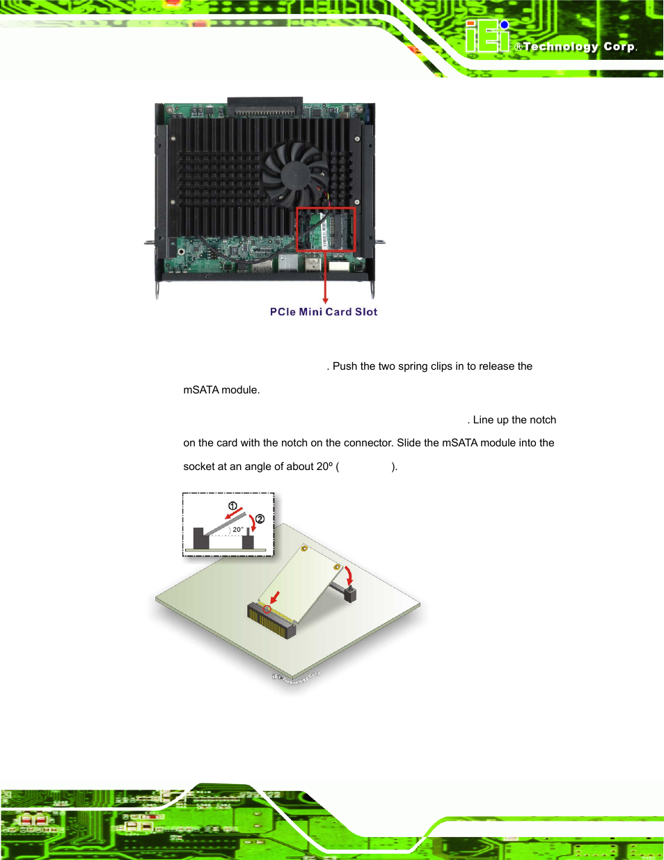 Figure 5-2: pcie mini card slot location, Figure 5-3: msata module installation | IEI Integration IOPS-Q67_H61 User Manual | Page 51 / 70
