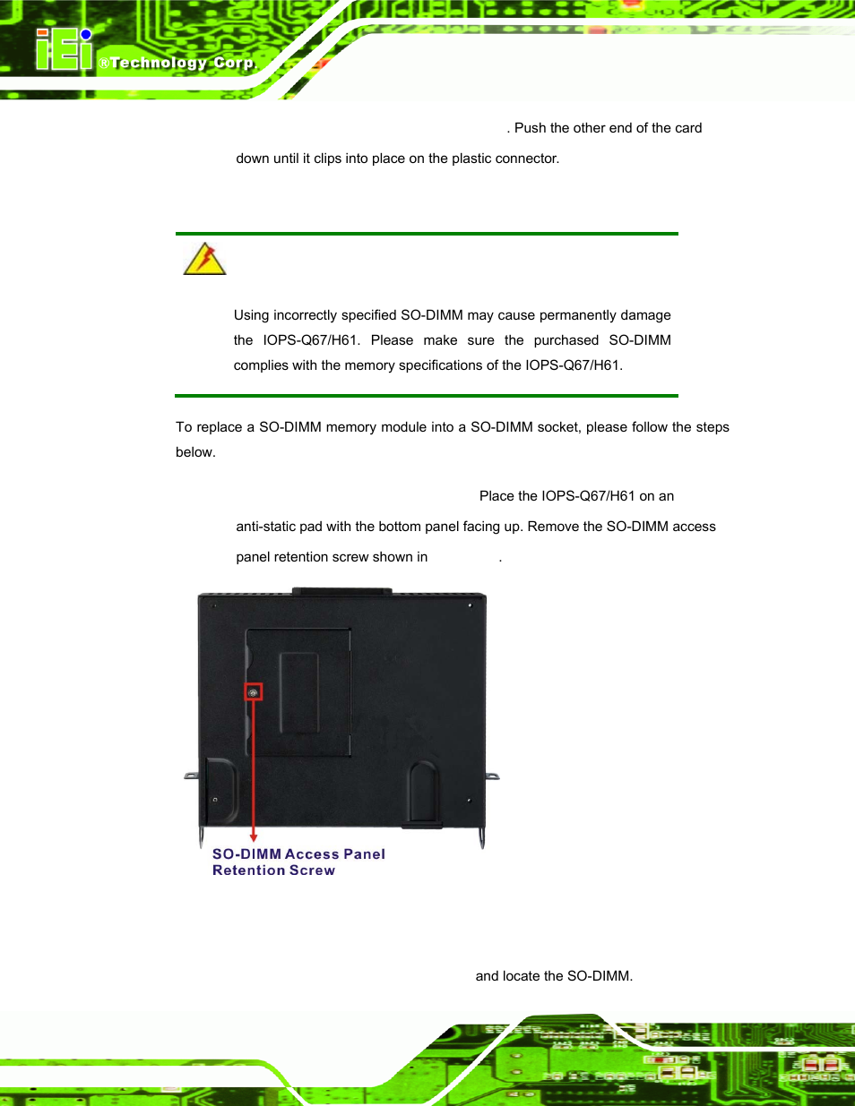 2 so-dimm replacement, Figure 5-4: so-dimm access panel retention screw | IEI Integration IOPS-Q67_H61 User Manual | Page 52 / 70