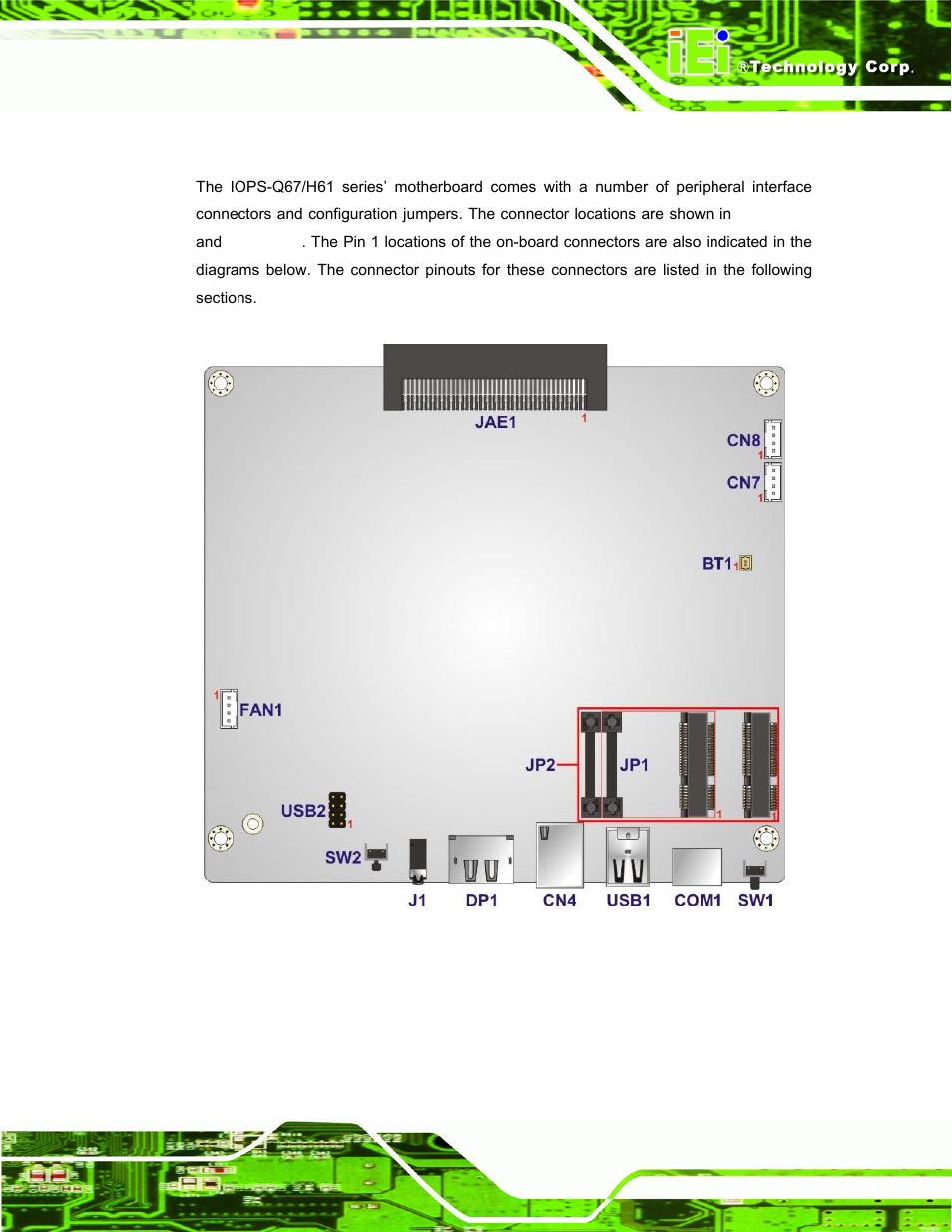 1 peripheral interface connectors, Eripheral, Nterface | Onnectors, Figure 6-1: main board layout diagram (front side) | IEI Integration IOPS-Q67_H61 User Manual | Page 55 / 70