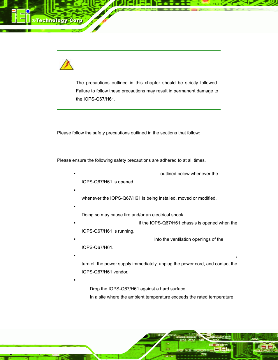 A.1 safety precautions, A.1.1 general safety precautions, Afety | Recautions | IEI Integration IOPS-Q67_H61 User Manual | Page 62 / 70