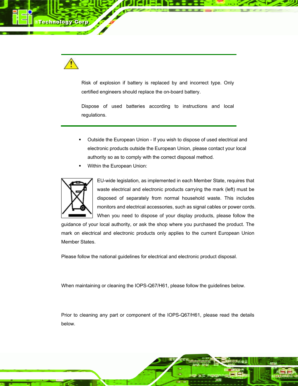 A.1.3 product disposal, A.2 maintenance and cleaning precautions, A.2.1 maintenance and cleaning | Aintenance and, Leaning, Recautions | IEI Integration IOPS-Q67_H61 User Manual | Page 64 / 70