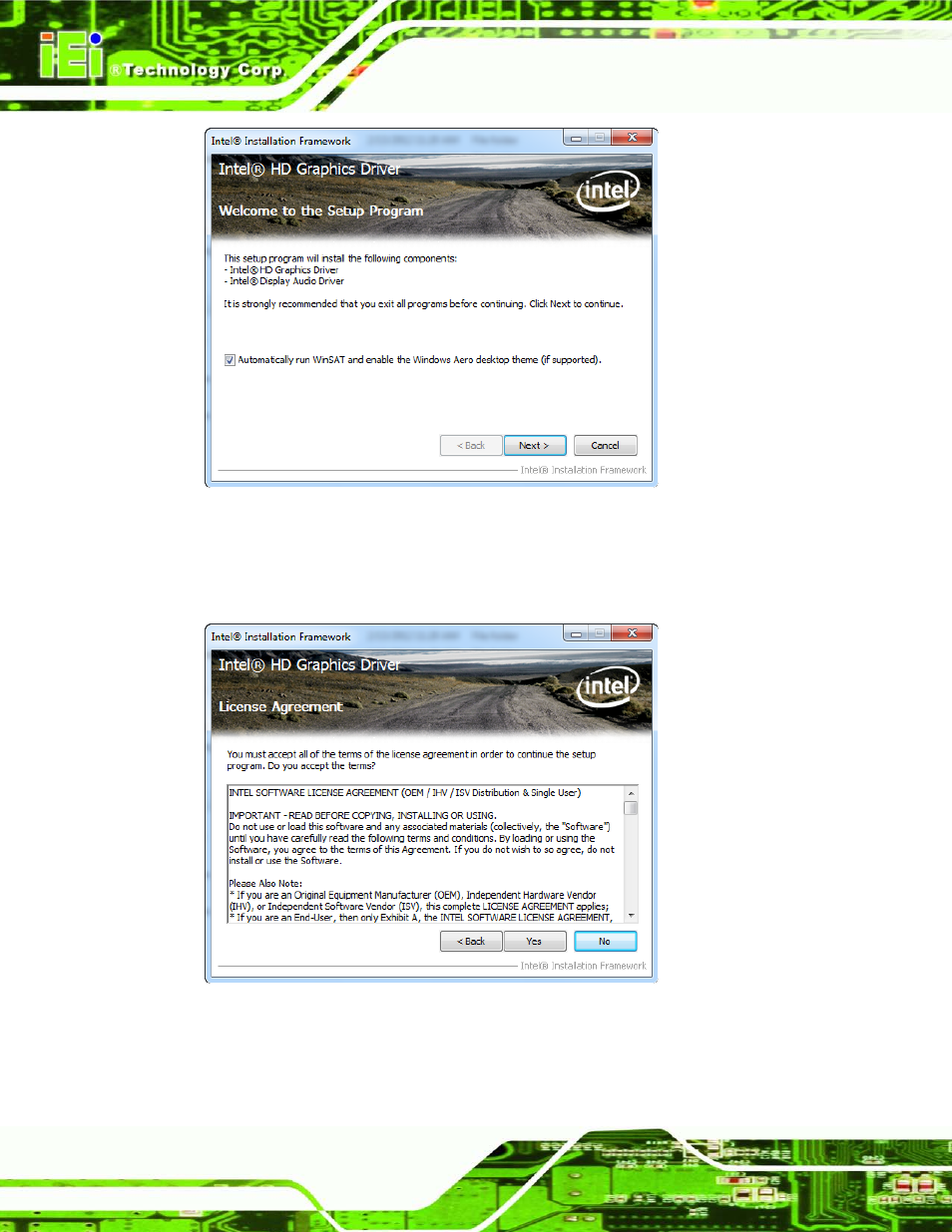 Figure 6-10: graphics driver welcome screen, Figure 6-11: graphics driver license agreement | IEI Integration ECN-680A-H61 User Manual | Page 114 / 190