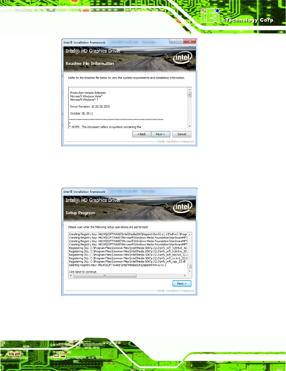 Figure 6-12: graphics driver read me file, Figure 6-13: graphics driver setup operations | IEI Integration ECN-680A-H61 User Manual | Page 115 / 190