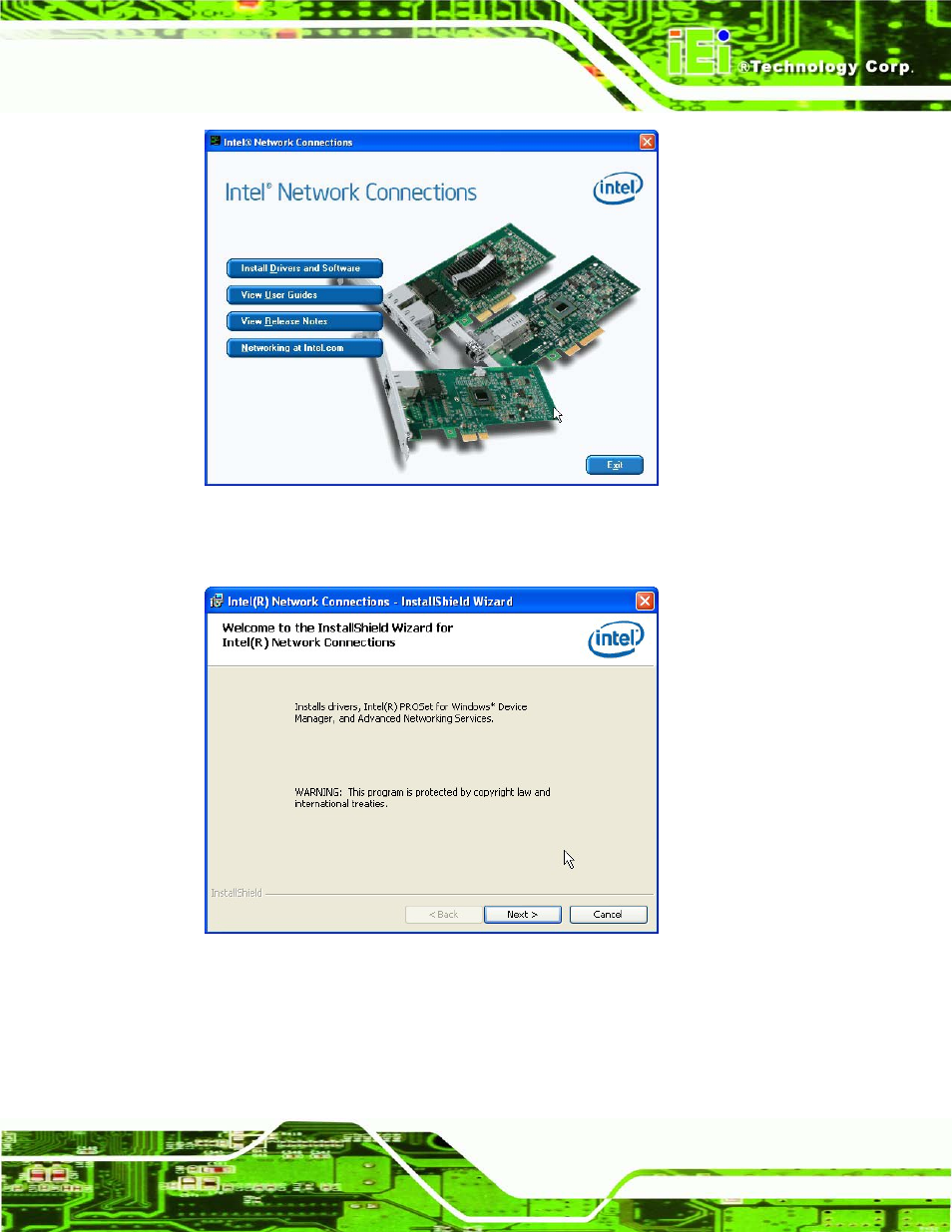 Figure 6-15: intel® network connection menu, Figure 6-16: lan driver welcome screen | IEI Integration ECN-680A-H61 User Manual | Page 117 / 190