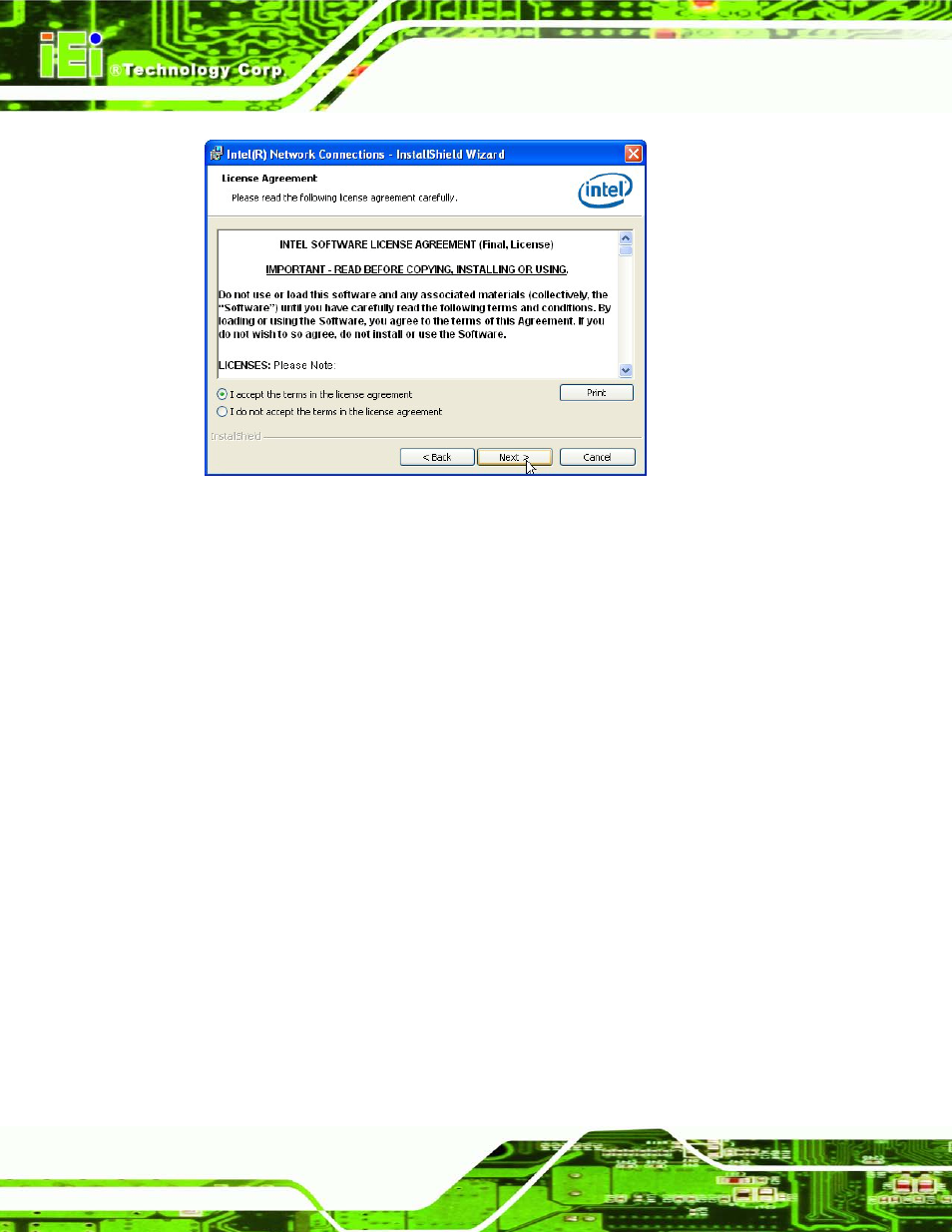 Figure 6-17: lan driver license agreement | IEI Integration ECN-680A-H61 User Manual | Page 118 / 190
