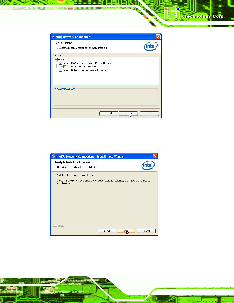 Figure 6-18: lan driver setup options, Figure 6-19: lan driver installation | IEI Integration ECN-680A-H61 User Manual | Page 119 / 190