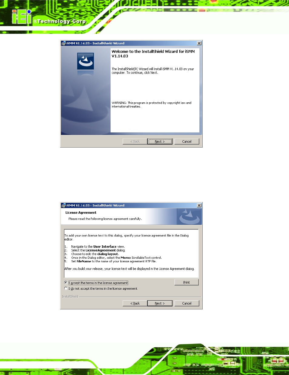 Figure 6-39: ismm installation welcome screen, Figure 6-40: ismm license agreement | IEI Integration ECN-680A-H61 User Manual | Page 132 / 190