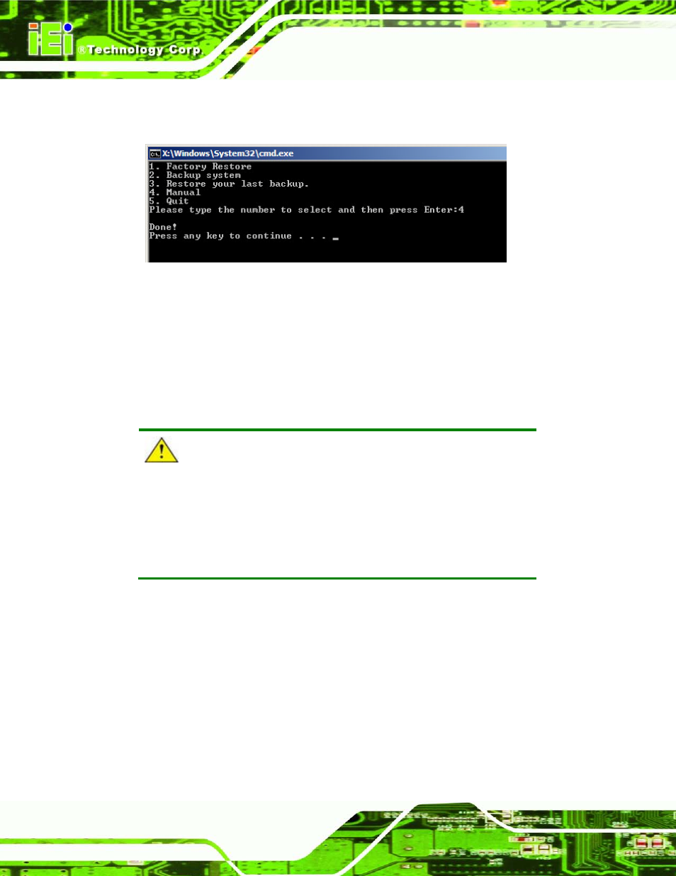 C.3 auto recovery setup procedure, Ecovery, Etup | Rocedure, Figure c-21: press any key to continue, On c.3, C.3 ) | IEI Integration ECN-680A-H61 User Manual | Page 160 / 190
