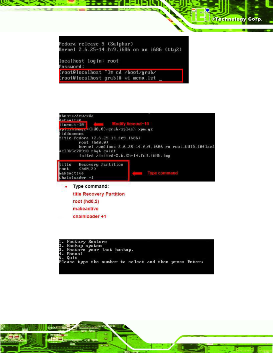 Figure c-31: access menu.lst in linux (text mode), Figure c-32: recovery tool menu | IEI Integration ECN-680A-H61 User Manual | Page 167 / 190