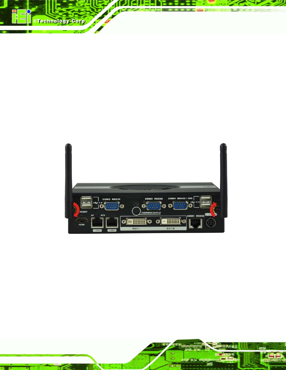 6 wi-fi antenna installation (wi-fi model only), 7 at/atx mode selection, Ntenna | Nstallation, Odel, At/atx, Election, Figure 3-14: wi-fi antenna installation | IEI Integration ECN-680A-H61 User Manual | Page 38 / 190