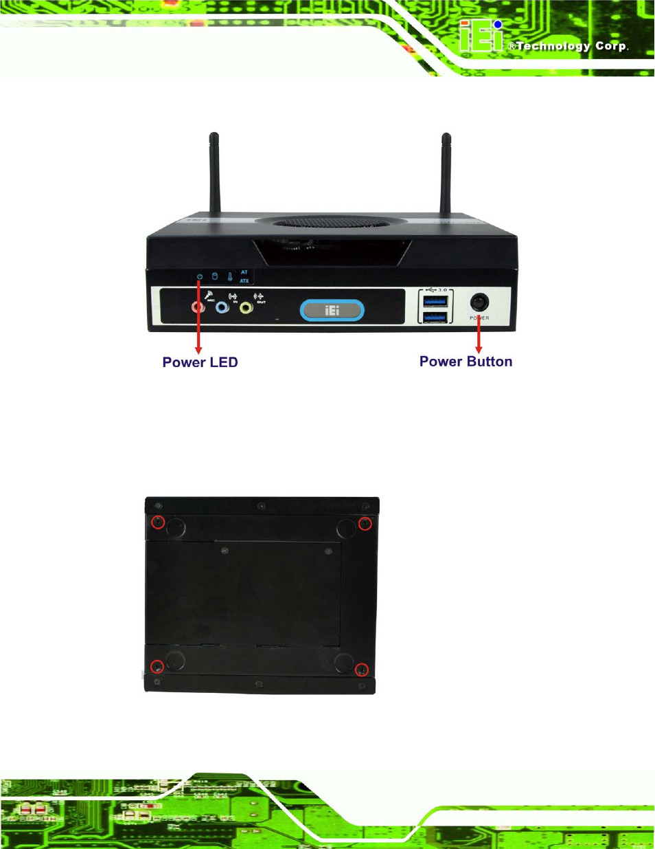 10 mount the system, Ount the, Ystem | Figure 3-17: power button location, Figure 3-18: mounting screw holes | IEI Integration ECN-680A-H61 User Manual | Page 41 / 190