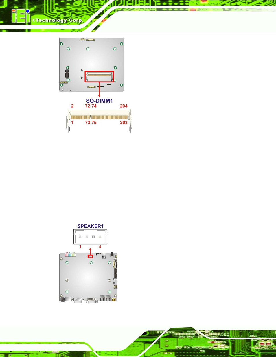 12 speaker connector, Figure 4-13: so-dimm connector locations, Figure 4-14: spdif connector location | IEI Integration ECN-680A-H61 User Manual | Page 68 / 190