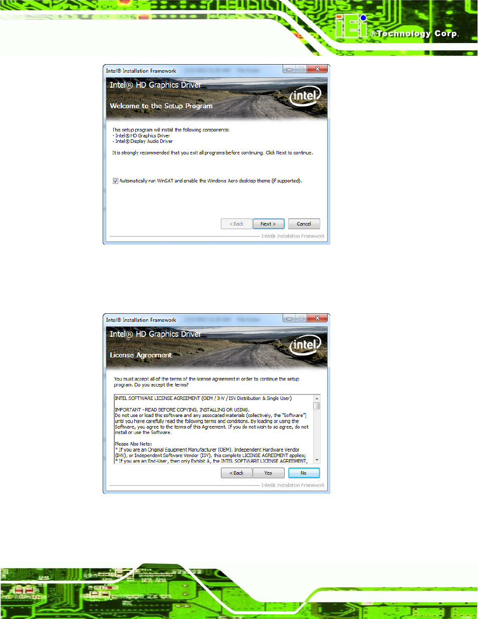 Figure 6-10: graphics driver welcome screen, Figure 6-11: graphics driver license agreement | IEI Integration ECN-780-Q67 User Manual | Page 114 / 184