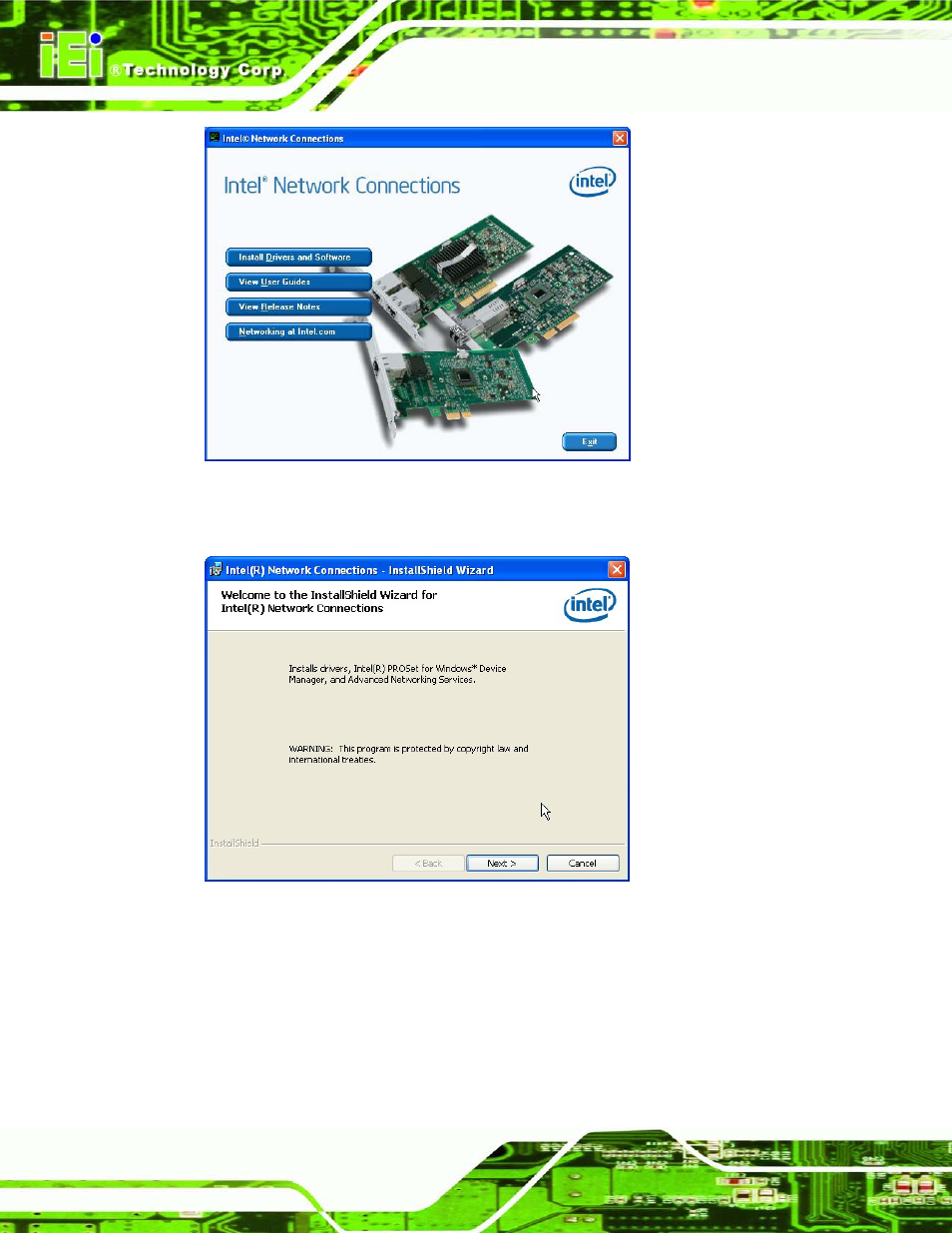 Figure 6-15: intel® network connection menu, Figure 6-16: lan driver welcome screen | IEI Integration ECN-780-Q67 User Manual | Page 117 / 184