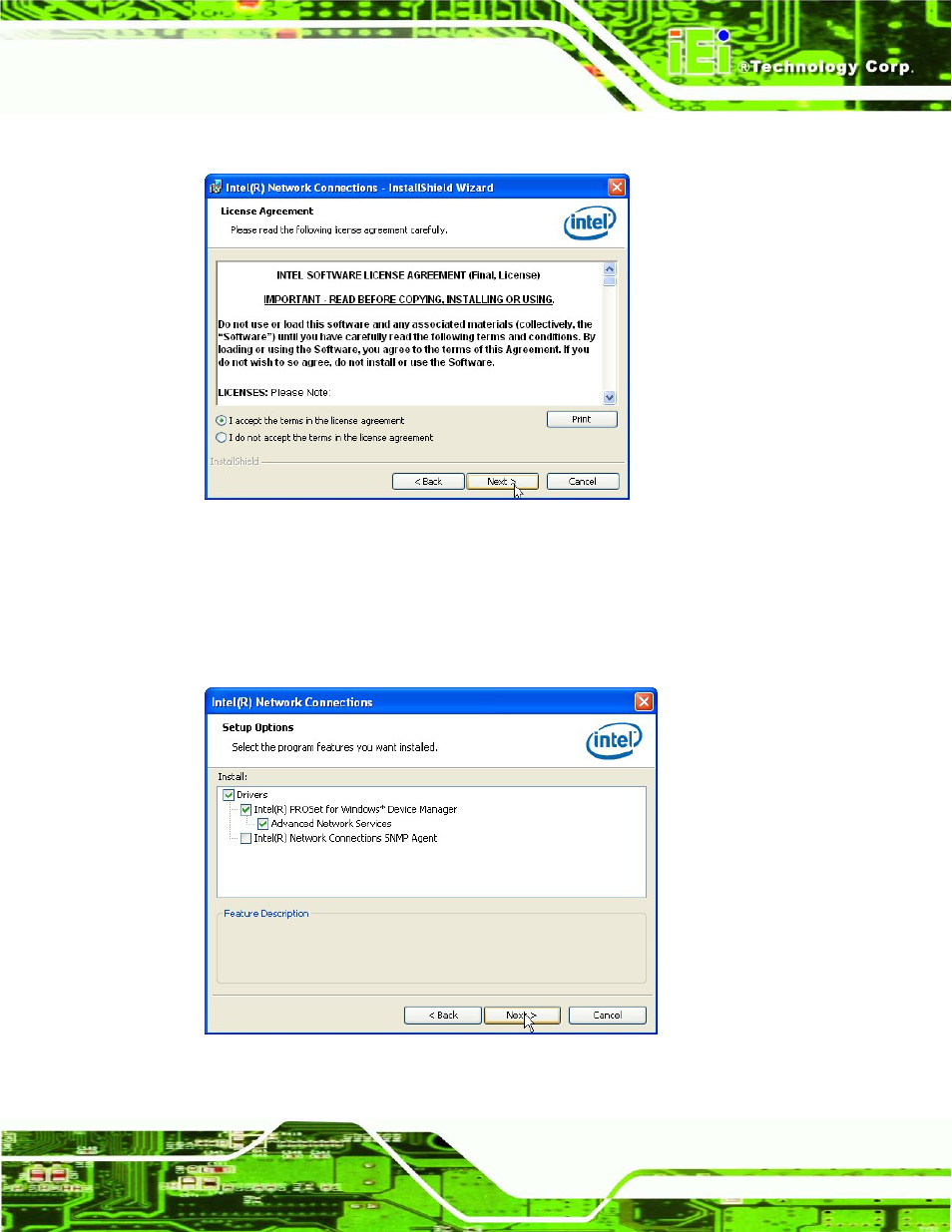 Figure 6-17: lan driver license agreement, Figure 6-18: lan driver setup options | IEI Integration ECN-780-Q67 User Manual | Page 118 / 184