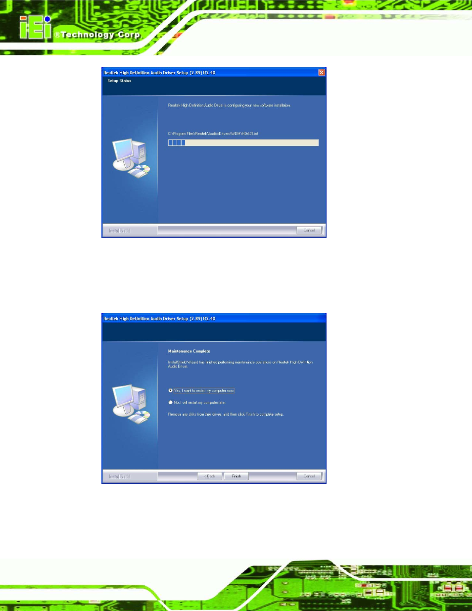 Figure 6-22: audio driver installation, Figure 6-23: audio driver installation complete | IEI Integration ECN-780-Q67 User Manual | Page 121 / 184