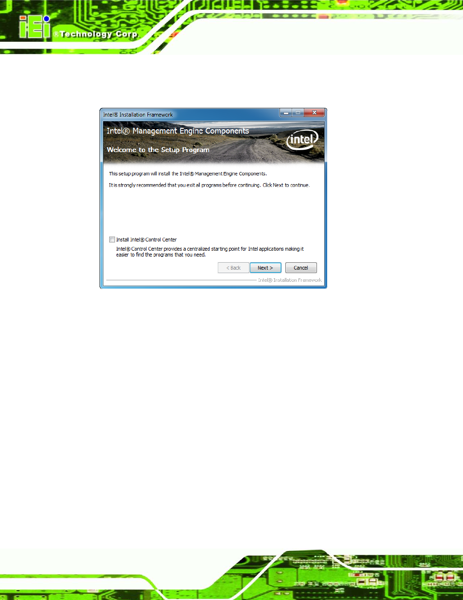 Figure 6-28: intel® me driver welcome screen | IEI Integration ECN-780-Q67 User Manual | Page 125 / 184
