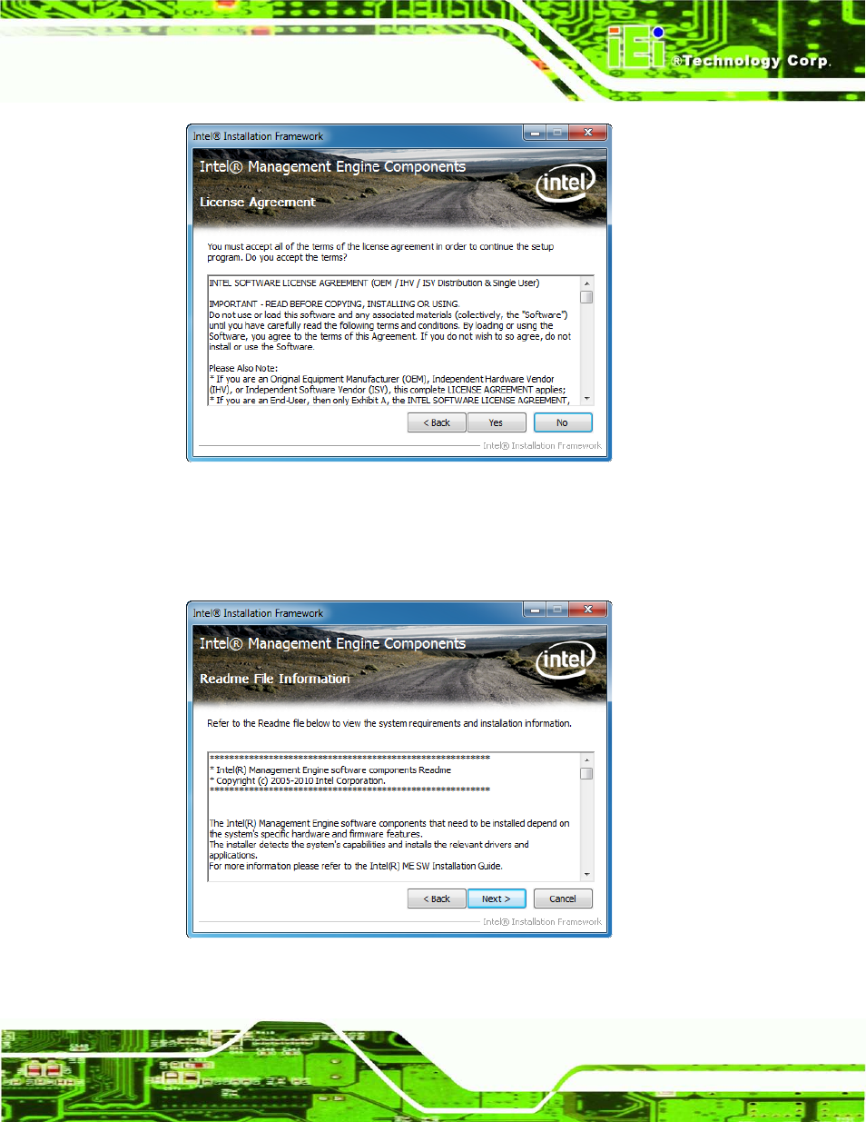 Figure 6-29: intel® me driver license agreement, Figure 6-30: intel® me driver read me file | IEI Integration ECN-780-Q67 User Manual | Page 126 / 184