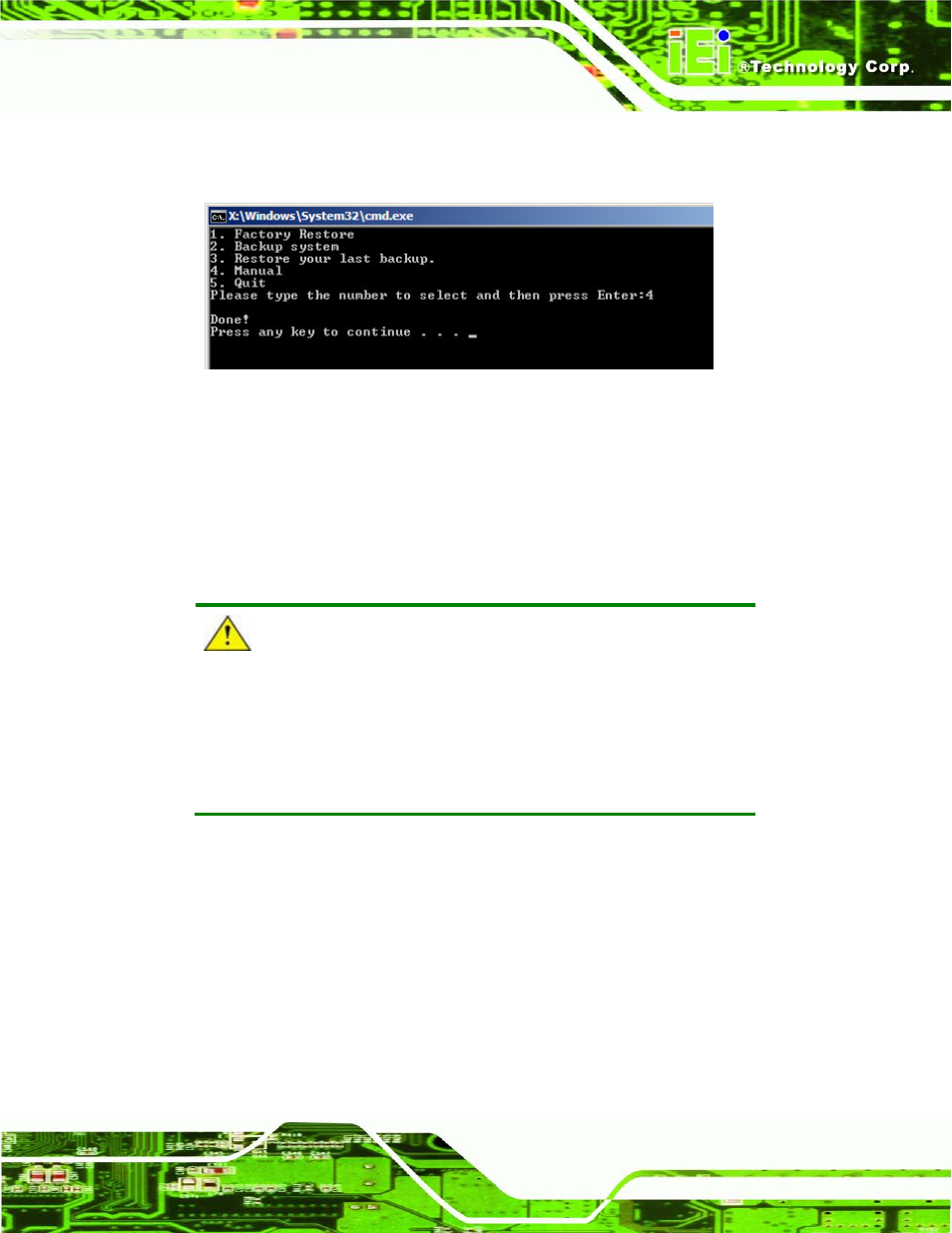 C.3 auto recovery setup procedure, Ecovery, Etup | Rocedure, Figure c-21: press any key to continue, On c.3, C.3 ) | IEI Integration ECN-780-Q67 User Manual | Page 154 / 184