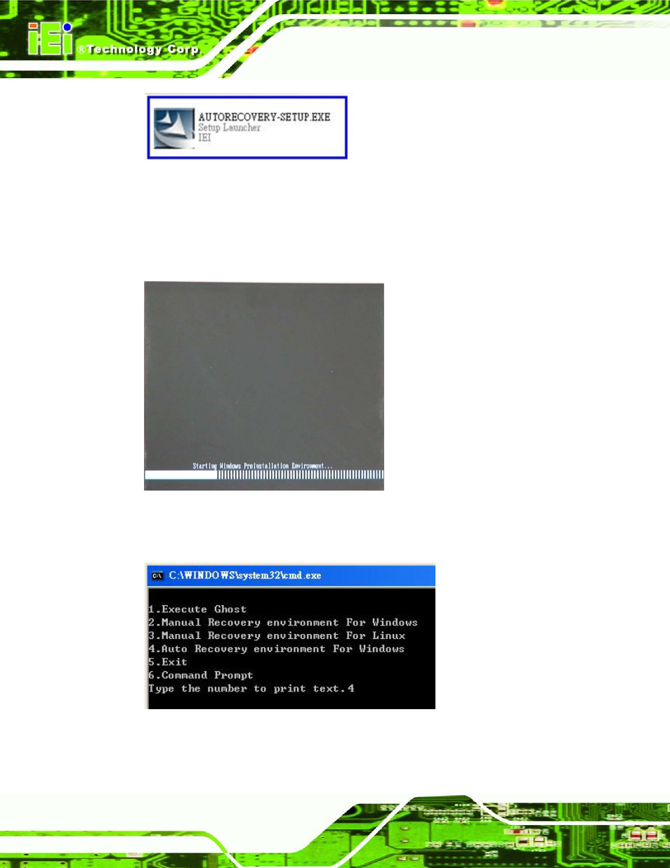 Figure c-22: auto recovery utility, Figure c-23: launching the recovery tool, Figure c-24: auto recovery environment for windows | IEI Integration ECN-780-Q67 User Manual | Page 155 / 184